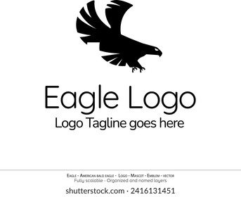 Logo De Águila, Emblema De Aves Voladoras. mascota de paloma. Logo de la silueta de American Bald Eagle. Diseño mínimo, vector de logotipo minimalista