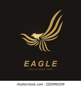 Adler Logo goldene Farbe. Das Logo stellt den Oberkörper des Adlers dar, der zwei Flügel aufhebt, um seine Eleganz, Würde, sein Grad und seinen Charme zu zeigen