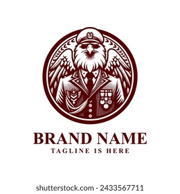 The eagle logo in military attire signifies honor, bravery, and patriotism, embodying strength and leadership with a sense of duty.