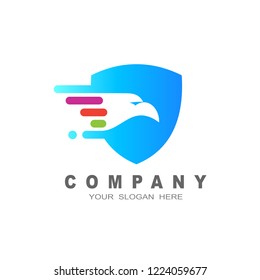  Eagle logo template design with a shield, vector illustration, speed and bird