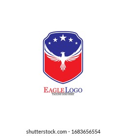 Eagle logo template design with a shield and stars. Vector illustration.