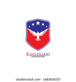 Eagle logo template design with a shield and stars. Vector illustration.