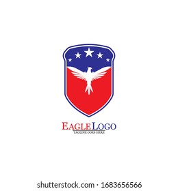 Eagle logo template design with a shield and stars. Vector illustration.