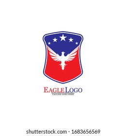 Eagle logo template design with a shield and stars. Vector illustration.