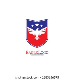 Eagle logo template design with a shield and stars. Vector illustration.