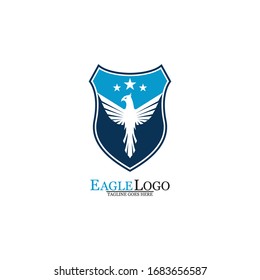 Eagle logo template design with a shield and stars. Vector illustration.