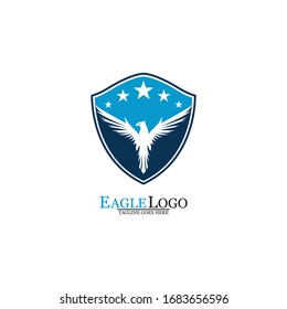 Eagle logo template design with a shield and stars. Vector illustration.