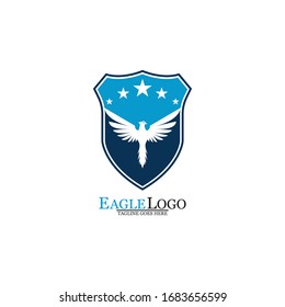Eagle logo template design with a shield and stars. Vector illustration.