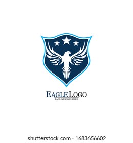 Eagle logo template design with a shield and stars. Vector illustration.