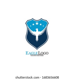 Eagle logo template design with a shield and stars. Vector illustration.