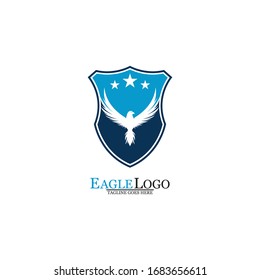 Eagle logo template design with a shield and stars. Vector illustration.