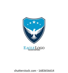 Eagle logo template design with a shield and stars. Vector illustration.