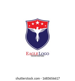 Eagle logo template design with a shield and stars. Vector illustration.