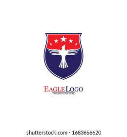 Eagle logo template design with a shield and stars. Vector illustration.