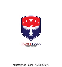 Eagle logo template design with a shield and stars. Vector illustration.