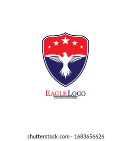 Eagle logo template design with a shield and stars. Vector illustration.