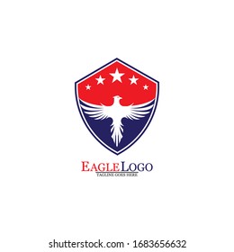 Eagle logo template design with a shield and stars. Vector illustration.