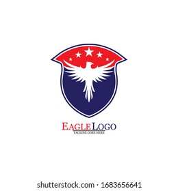 Eagle logo template design with a shield and stars. Vector illustration.