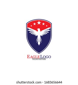 Eagle logo template design with a shield and stars. Vector illustration.