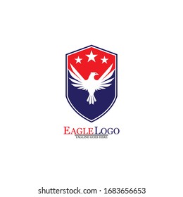 Eagle logo template design with a shield and stars. Vector illustration.