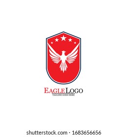 Eagle logo template design with a shield and stars. Vector illustration.