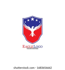 Eagle logo template design with a shield and stars. Vector illustration.