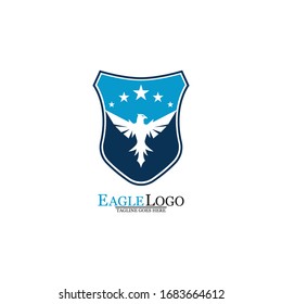 Eagle logo template design with a shield and stars. Vector illustration.