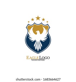 Eagle logo template design with a shield and stars. Vector illustration.