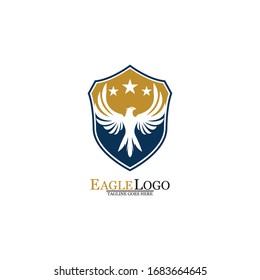 Eagle logo template design with a shield and stars. Vector illustration.