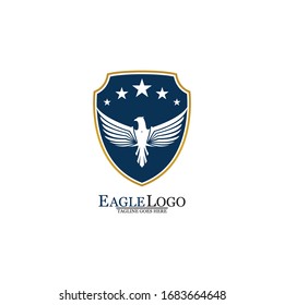 Eagle logo template design with a shield and stars. Vector illustration.