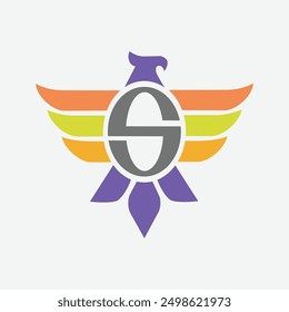 Eagle logo template with initial letter S right on the chest is suitable for technology and security industry companies.