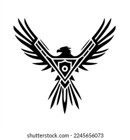 Eagle logo template. isolated. A black and white eagle with a triangle and a sword in its claws, with a third eagle in the center
