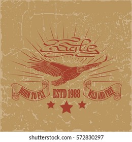 Eagle logo for t-shirt, Hawk mascot Sport wear typography, grunge emblem graphic, athletic apparel stamp. Vector