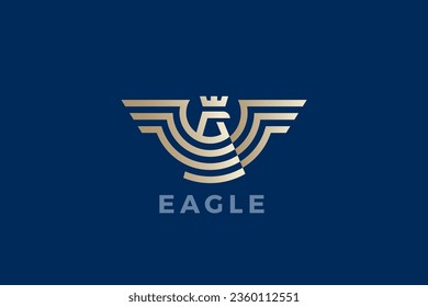 Eagle Logo Wings Geometric Heraldic Luxury Design Vector template. Falcon Hawk with Crown Linear Outline Golden Logotype icon.