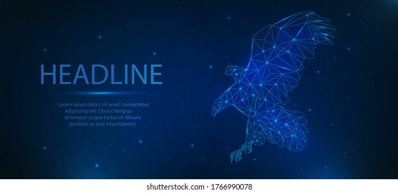 Eagle made of lines and rectangles, polygonal style on a blue background. Low poly starry sky digital 3d modern image or background. Abstract polygonal frame with stars.