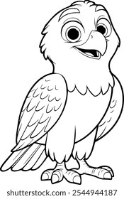 Eagle - Majestic bird with powerful wings, keen watchful eyes, black and white cartoon illustration.