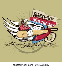 Eagle mascot of a baseball team hitting the ball with the baseball bat. Animal sport illustration concept.