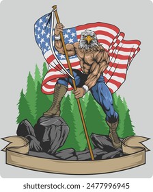 Eagle mascot carrying a large flag standing on a rock above the American Fores mountain forest