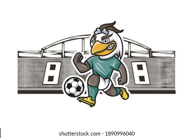 eagle mascot. Cheerful cartoon bird playing football, character mascot of empty stadium bakground