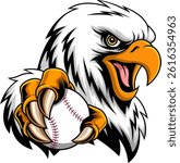 Eagle Mascot Holding Baseball in Claws - Vector Hand Drawn Illustration Isolated On Transparent Background