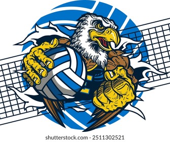 eagle mascot holding volleyball for school, college or league sports