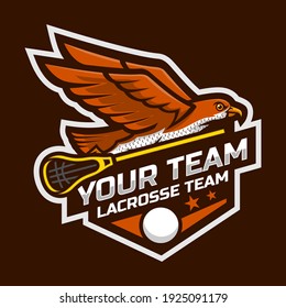 Adler Maskottchen für ein Lacrosse Team Logo. Schule, Hochschule oder Liga. Vektorgrafik.