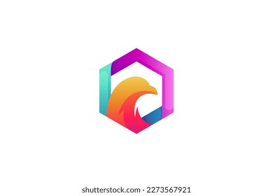 Eagle mascot logo and hexagonal shape combination in colorful gradient