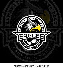 Eagle mascot for a soccer team on a black background. Vector illustration.