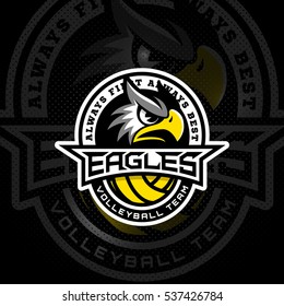 Eagle mascot for a volleyball team on a black background. Vector illustration.