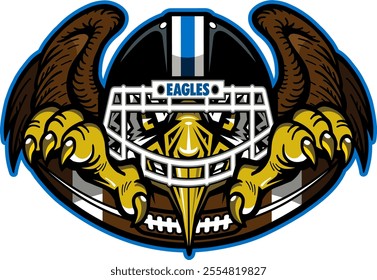 eagle mascot wearing football helmet and half ball for school, college or league sports