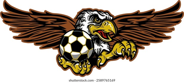 eagle mascot with wings holding a soccer ball for school, college or league sports