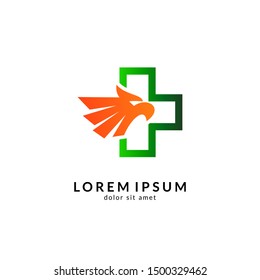 Eagle medical cross logo vector, abstract eagle design, modern flat style, falcon/hawk mascot illustration