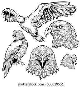 Eagle monochrome tattoo set with sitting and flying bird and head with proud look isolated vector illustration