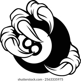 An eagle or monster animal claw or talon hand with claws or talons holding a pool billiards black 8 ball. 